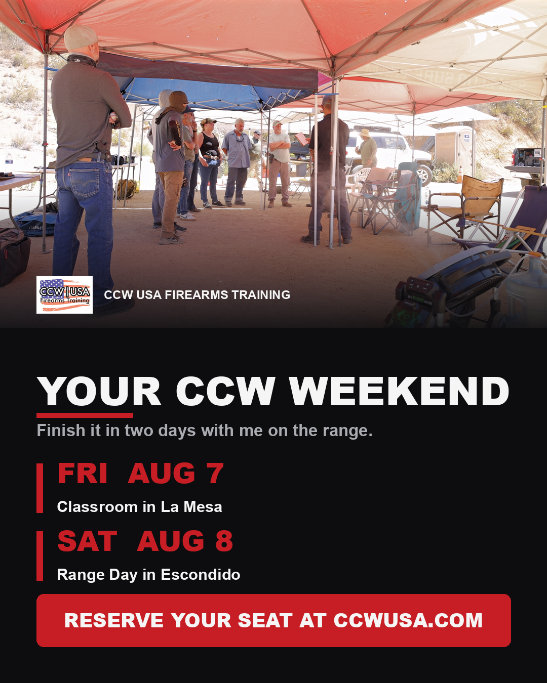 CCW USA weekend: classroom Friday August 7 in La Mesa, live range day Saturday August 8 in Escondido